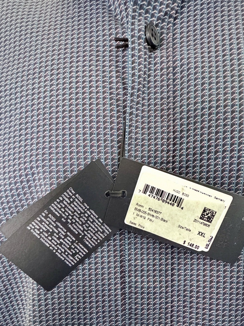 NWT Hugo Boss Ronni Slim Fit Stretch XXL Navy Geometric Print Dress Shirt $148 - Picture 4 of 16